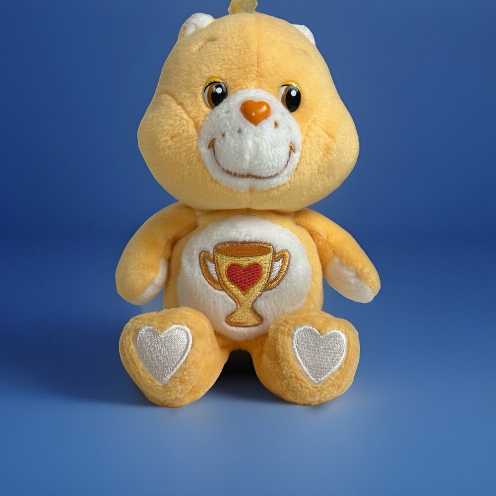 Vintage 2003 Care Bears Champ Bear 8” Yellow Trophy Bean Bag Plush